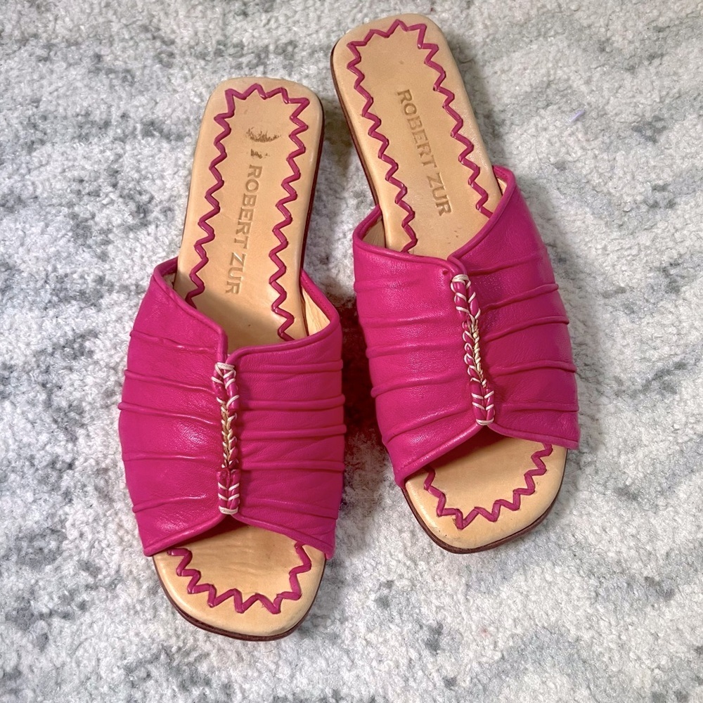 Robert Zur All Leather Slip-On Pink Slides Unique Sandals Made In India